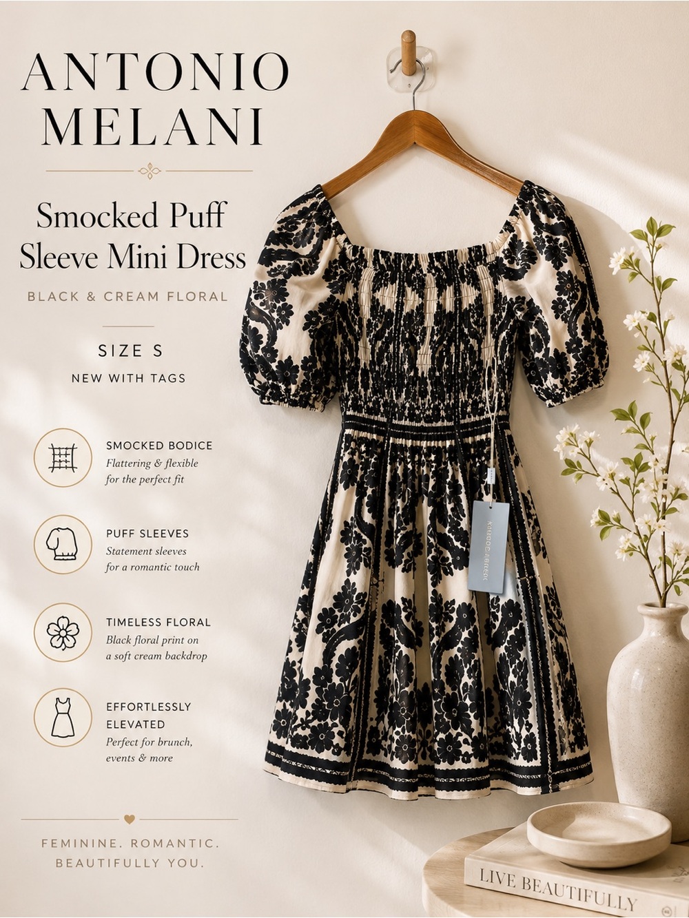 Antonio Melani Smocked Floral Puff Sleeve Mini Dress Black Cream Size S NWT